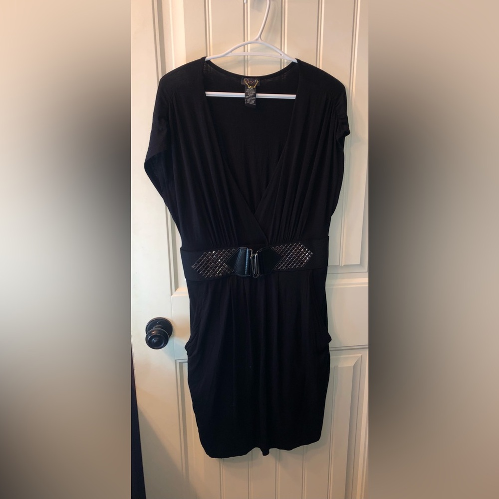 Dex Black Belted V-Neck Dress